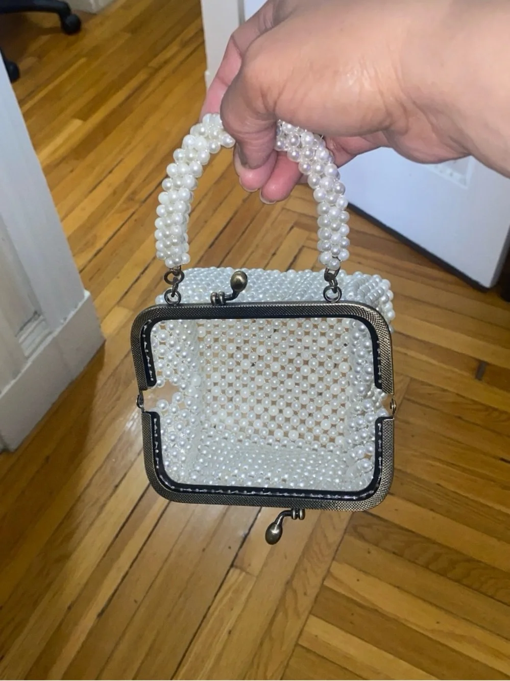 Pearl Beaded Ivory Evening Clutch with Top Handle